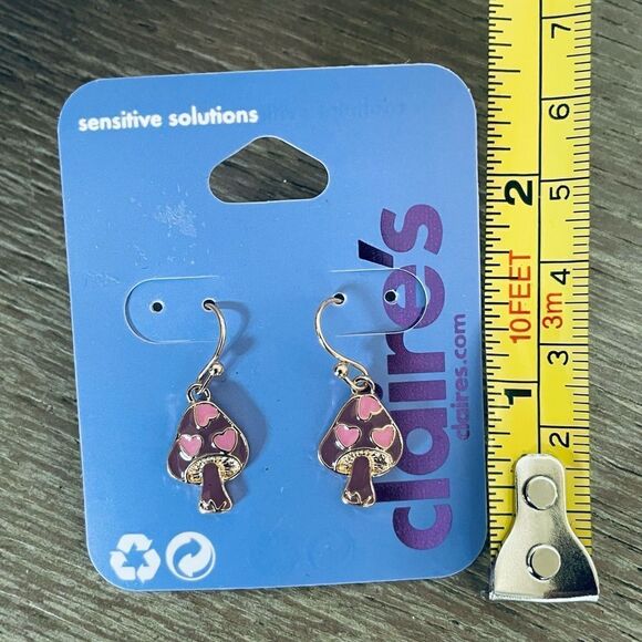 Purple Pink Mushroom Hearts Valentine Drop Earrings - Picture 2 of 2